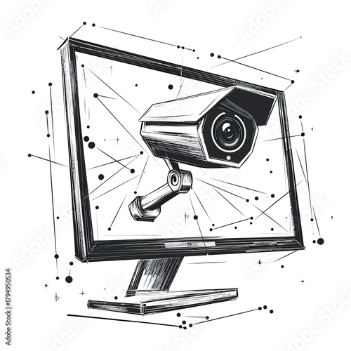 Polygonal black and white surveillance camera emerging from computer monitor with abstract dots and connecting lines digital security concept vector illustration