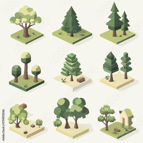 Isometric minimalist vector nature tiles featuring diverse stylized trees on individual grassy and sandy square platforms in flat design style
