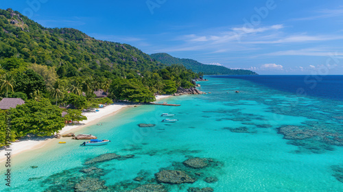 Wallpaper Mural Breathtaking tropical beach with clear turquoise water, lush green hills, and boats anchored along shore, creating serene paradise Torontodigital.ca