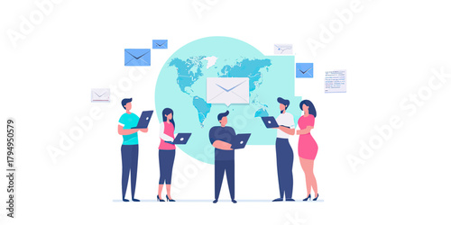 Business team using laptops and tablet sending digital email messages around globe with communication network concept flat vector illustration