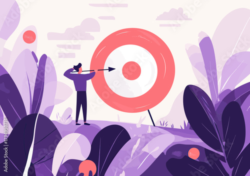 Businessman archery aiming arrow at large red and white target in outdoor nature landscape with oversized leaves flat vector illustration