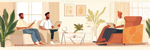 Three diverse men discussing business ideas in modern living room with plants and minimalist decor flat vector illustration teamwork brainstorming session