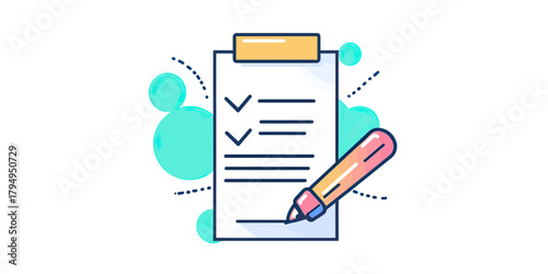 Checklist on clipboard with pen marking tasks completed, quality control document approval, business task management icon vector illustration