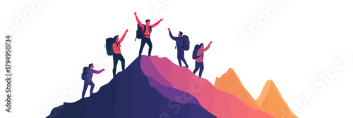 Group hikers celebrating summit achievement on mountain peak with backpacks in minimalist flat vector style outdoor adventure concept