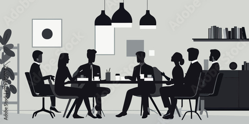 Silhouettes of diverse business team sitting around conference table in modern office during meeting and discussion session flat vector illustration