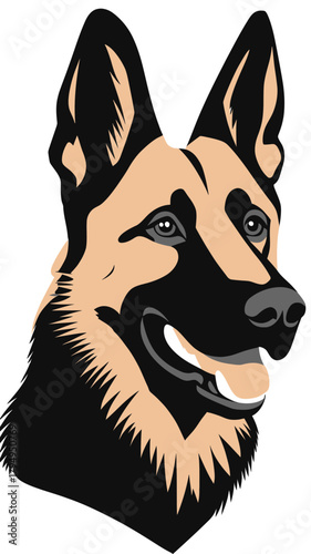 German Shepherd dog face portrait in flat minimalist vector style with attentive expression and detailed fur shapes illustration for pet or breed concept