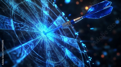 Blue dart hitting target center with digital abstract background