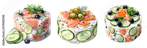 Watercolor set of layered salad with cream cheese and salmon. Sandwich salad with cheese and red fish, with cucumber slices decorated with olives and olives with a sprig of rosemary.