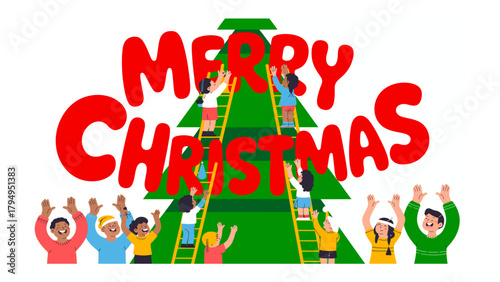 Holiday Harmony: A lively group of individuals decorates a giant Christmas tree, their hands reaching towards the star, radiating the joy and anticipation of the season.