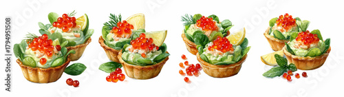 Watercolor set of Christmas appetizers with salmon. Waffle tartlet with cream cheese, salmon slices and avocado slices with herbs and lemon. Christmas food.