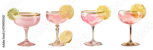 Watercolor set of glasses with pale pink cocktail. Glasses decorated with golden rims and decorated with lemon or lime slices. alcoholic vintage cocktails. Whimsic elements of bar and drinks.