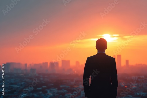 Back view of businessman watching sunrise over city