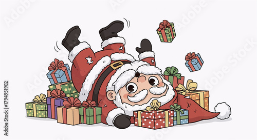 Comical Cartoon Santa Claus Fallen Backwards on a Pile of Christmas Gifts