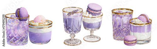 Watercolor compositions of exquisite lavender macaroons and drinks served in elegant glasses and goblets with a gold rim. Lavender cocktails in vintage glasses and goblets are decorated.