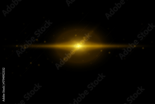 Large light-gold flare in the center with strong rays, soft glows, sparkles, dust and tiny star particles on a black background. Real optical flare for overlays and light-effect designs.