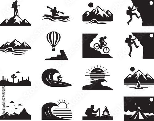 "Outdoor Adventure Silhouette Icon Set – Hiking, Kayaking, Climbing, Surfing, Camping, Mountains, and Nature Scenes"