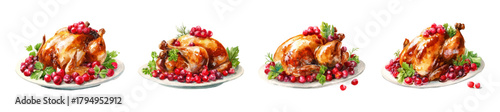 Watercolor set of whole baked poultry with golden crust. Baked chicken, turkey, etc. decorated with cranberries. Festive baked poultry for festive events. Elements of New Year's menus, Thanksgiving.