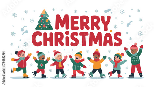 Joyful Christmas Greetings: A vibrant scene depicts children skating and the festive spirit with Merry Christmas and a Christmas tree, radiating warmth and happiness.