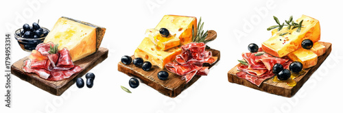 Watercolor set of classic appetizers on wooden boards: a large piece of hard yellow cheese, thinly sliced salami, prosciutto and black olives. Appetizers for wine.
