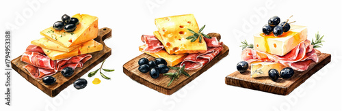 Watercolor set of canape appetizers with cheese and cured meat served on wooden boards. Hard cheese, thinly sliced salami, prosciutto, black olives and rosemary sprigs. 