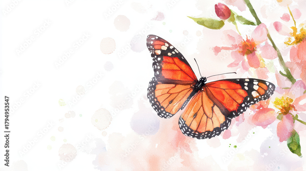 Fototapeta premium Vibrant butterfly rests near delicate flowers, showcasing beautiful watercolor design that evokes sense of tranquility and nature beauty