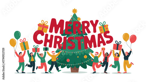 Holiday Cheer: A whimsical illustration captures the essence of Christmas, with individuals joyfully holding gifts and balloons.