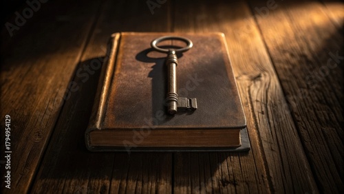 An antique brass key rests on a worn leather journal on a rustic wooden table under dramatic cinematic lighting