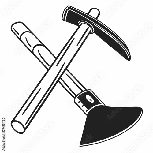 Crossed Pickaxe and Axe on a White Background Keywords: pickaxe, axe, tool, mining, construction, labor, work, industry, equipment, metal, wood, handle, sharp, crossed, symbol, icon, illustration