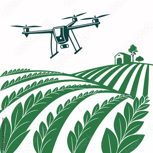 Drone flying over a green farm field with rows of crops and a barn in the background Keywords: drone, agriculture, farming, technology, innovation, smart farming, aerial view, crops, fields, green