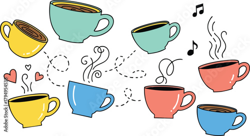 Collection Of Cartoon Style Coffee Cups With Steam And Hearts In Various Colors On White Background