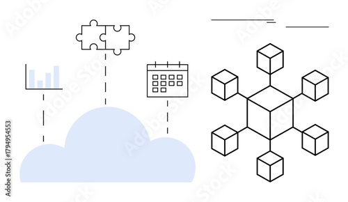 Cloud with puzzle connection, calendar, chart, and grid of network blocks representing data interaction and system integration. Ideal for technology, network, planning, cloud storage, digital