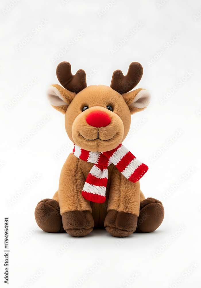 Fototapeta premium christmas reindeer figure with red nose and striped scarf, festive holiday decor on white background 