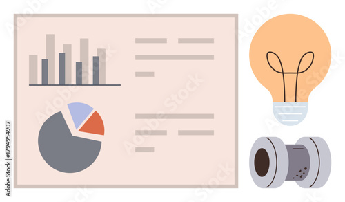 Bar chart, pie chart, and text on a reporting board next to a glowing light bulb and industrial spool. Ideal for analytics, innovation, business, industry, productivity, research simple flat
