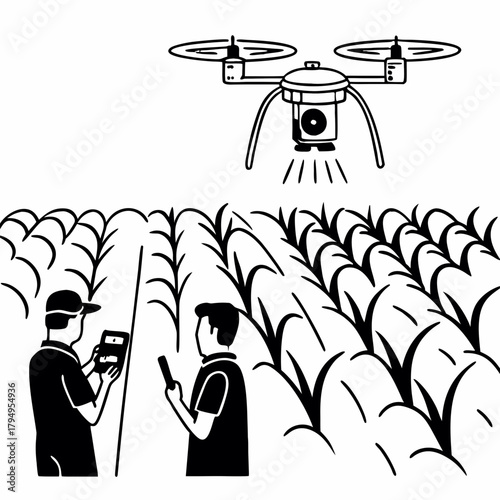 Farmers using drone and tablet in cornfield illustration Keywords: farmers, drone, cornfield, agriculture, technology, farming, tablet, smartphone, crop, field, rural, illustration, drawing, black