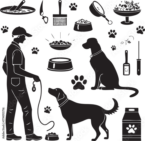 "Dog Care Silhouette Icon Set – Pet Grooming, Feeding, Training, Accessories, and Animal Welfare Elements"