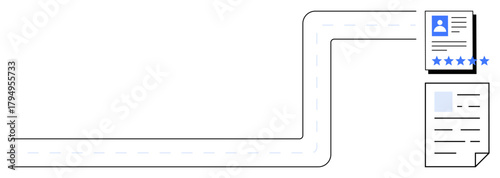 Graphic showing a curved road leading to a profile card with ratings and a document, illustrating evaluation, career progression, planning, and personal development. Ideal for HR, recruitment, goal