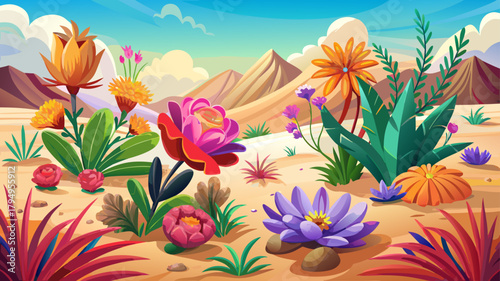 Very beautiful vibrant desert blooms with colorful flowers flourishing in the sand, featuring delicate petals, warm desert tones, and resilient plants thriving in arid terrain, capturing the striking 