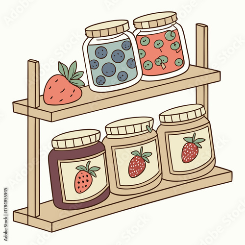 Jars of Jam and Fruit on a Shelf with labels