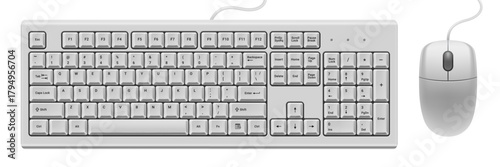 Classic white keyboard and mouse for desktop computer isolated on white background. Realistic mockup or template