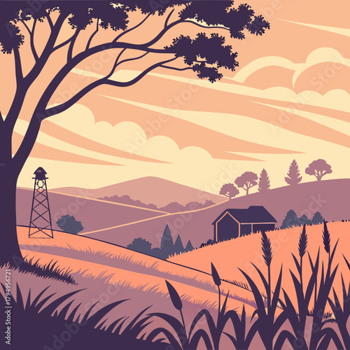 Silhouette landscape illustration of a rural scene at sunset with a large tree, water tower, house, rolling hills, and clouds Keywords: landscape, rural, countryside, sunset, silhouette, tree