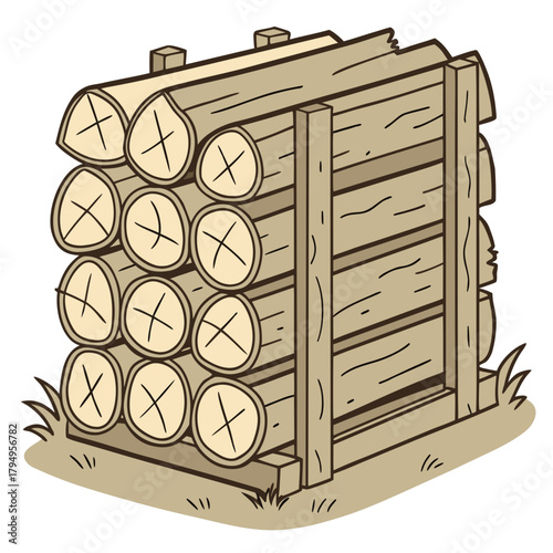 Stack of firewood logs in a wooden frame with grass timber lumber