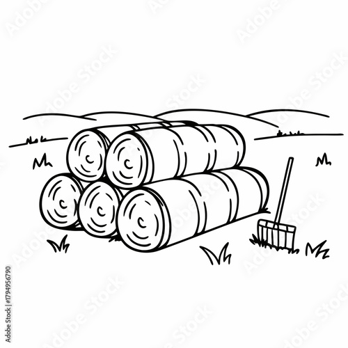 Stack of Round Hay Bales with Rake in a Field Keywords: hay, bales, straw, round, stack, field, agriculture, farming, rural, countryside, harvest, dry grass, farm, meadow, landscape, nature