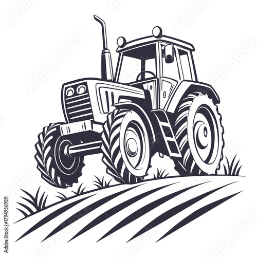 Tractor Driving Through a Plowed Field in Monochrome farm agriculture