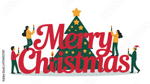 Christmas Cheer with festive text and candle: Illustration with the text Merry Christmas adorned with christmas elements and figures, conveying a season of joy and celebration.