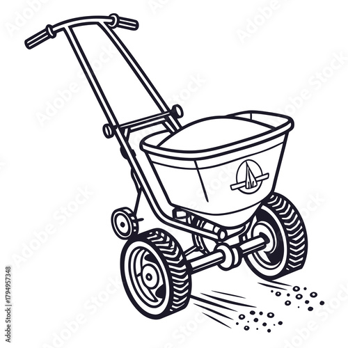 Wheeled Fertilizer Spreader with Dropping Pellets on White Background garden spreader lawn spreader