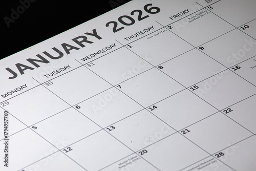 Calendar month of January 2026 with a clean and clear font on a black background