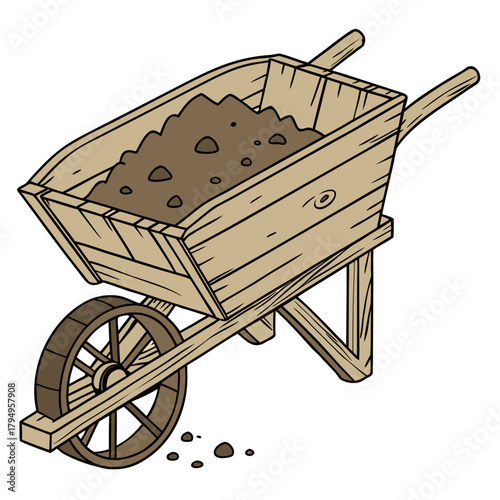 Wooden wheelbarrow filled with soil on a white background Keywords: wheelbarrow, garden cart, gardening, construction, DIY, tool, equipment, transport, carrying, soil, dirt, earth, wood, wooden
