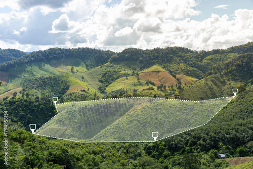 Land survey layout on a green hillside featuring plotted boundaries and location markers. Perfect for real estate listings, property development, rural investment, and conceptual mapping visuals.