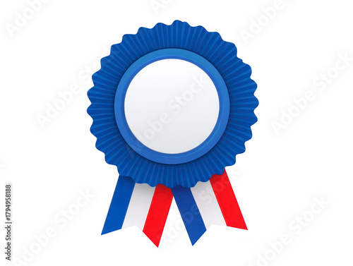 Blue award ribbon with pleated edge blank white center and red white blue striped tails symbolizing achievement honor or recognition in competitions or events
