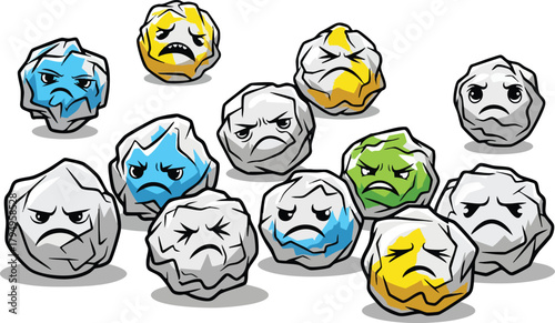Group Of Cranky And Angry Paper Balls With Different Expressions And Colors On White Background In A Studio Shot